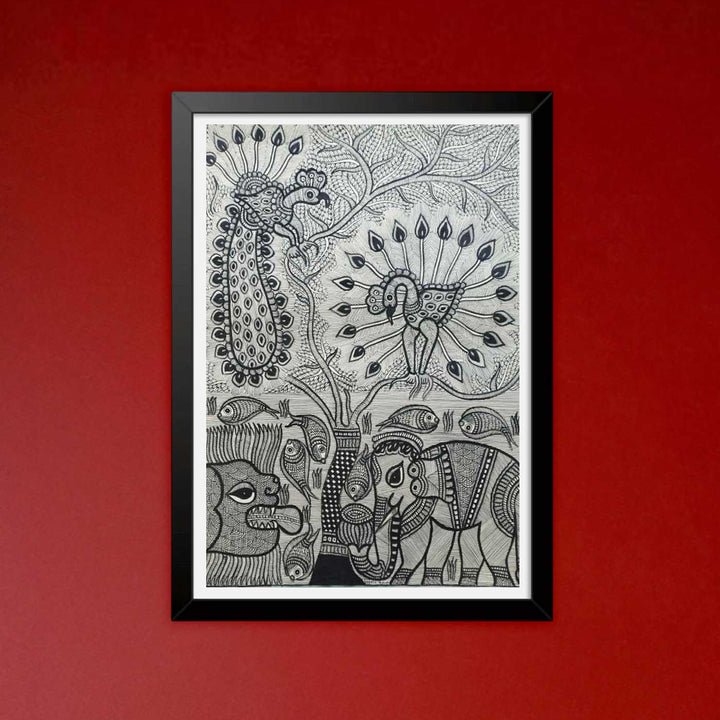 22 x 30 Inch | Harmony of the Forest and Water | Original Hand Painted Madhubani Painting | Natural Pigments On Paper