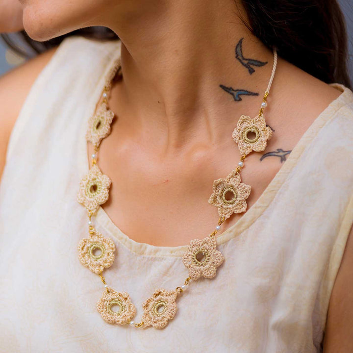 Handmade Crochet Beige Ornate Flower Necklace
