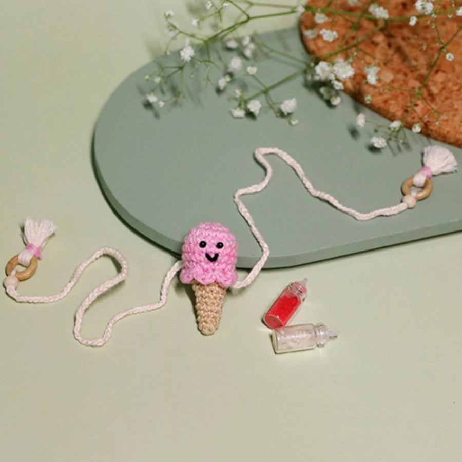 Handmade Crochet Single Scoop Kids Rakhi With Roli Chawal - Pink Ice Cream Necklace Front View