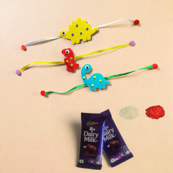 Handmade Dinosaur Theme Felt Rakhi Set Of 3 - Product Bundle Contents Display