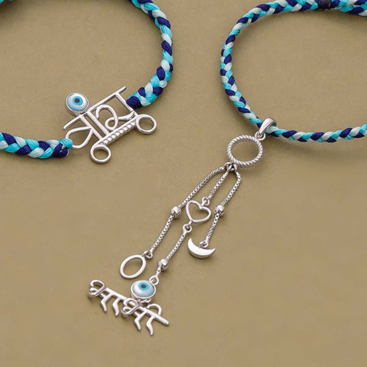Handmade Evil Eye Design Silver Bhaiya Bhabhi Rakhi - Close-up of Pendant Details