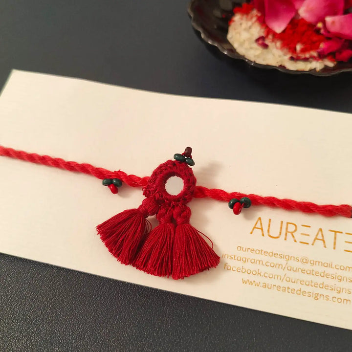 Handmade Mirror Work & Tassels Rakhi With Roli Chawal