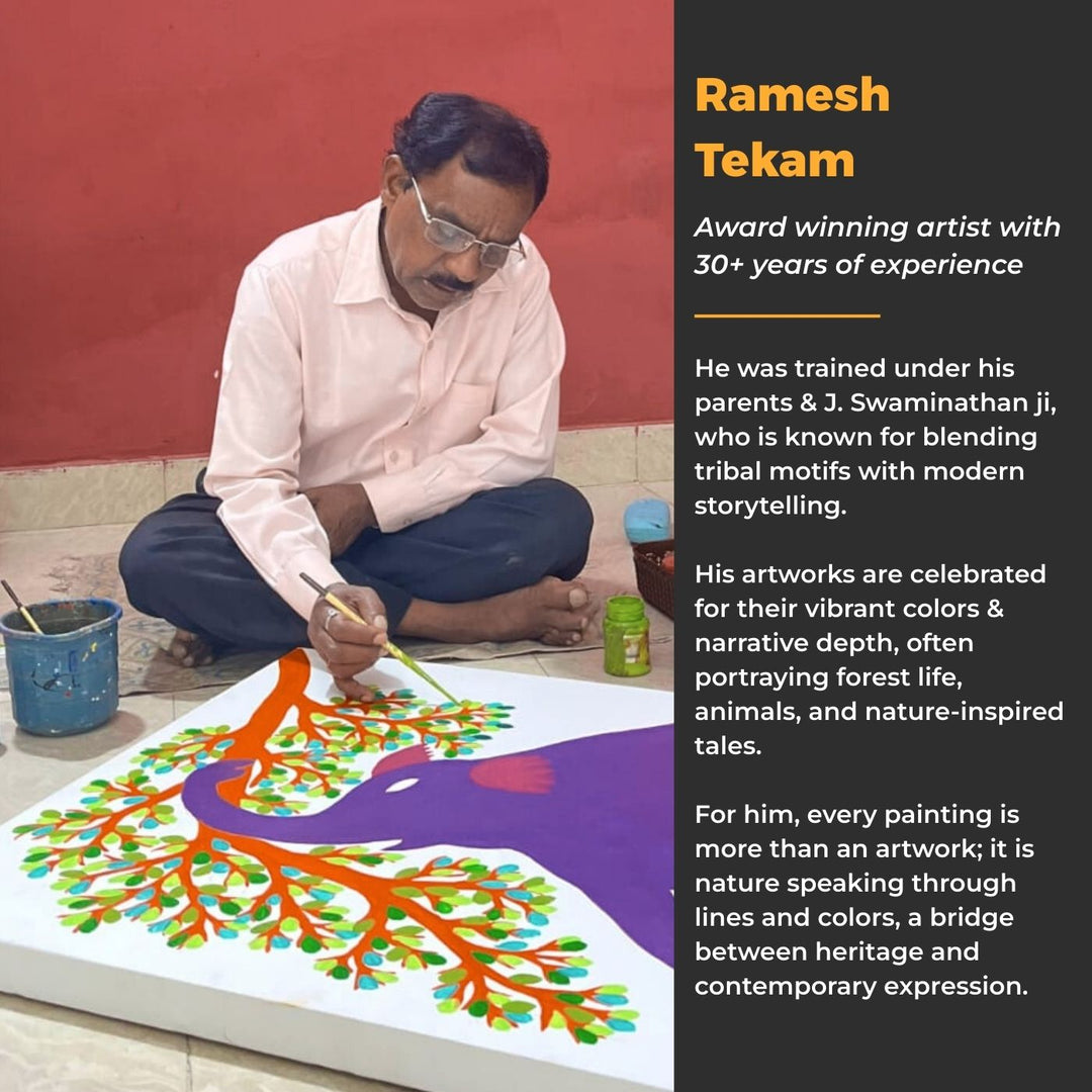 15 x 22 Inch | Elephant | Original Hand Painted Tribal Gond Art Painting | Acrylic Paints On Canvas