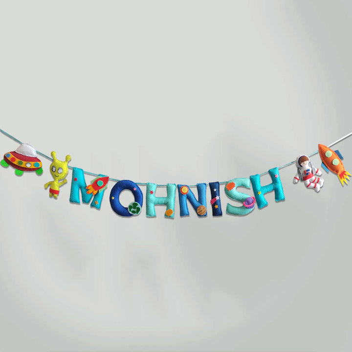Personalized Handmade Space Theme Felt Bunting - Front View Hanging on String