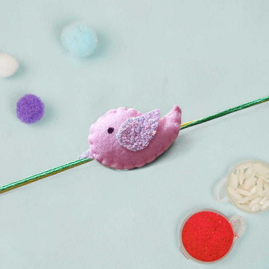 Handmade Pink Bird Theme Felt Kids Rakhi - Close-up on Thread Decoration