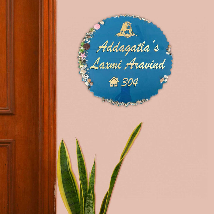 Personalized Blue & Gold Shells Theme Resin Name Plate