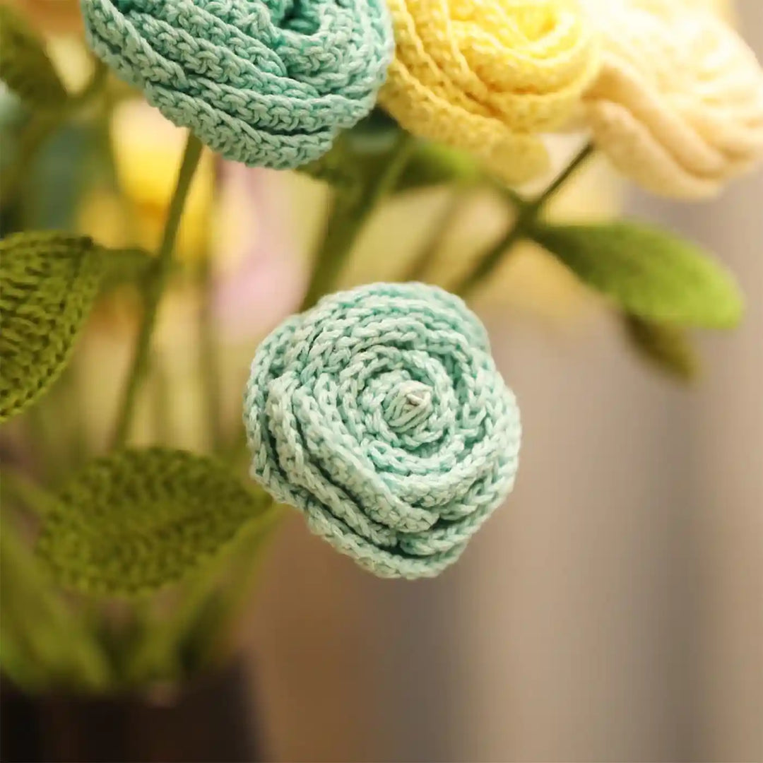 Handmade Crochet Button Roses Cotton Flower Stick | Pack Of 1