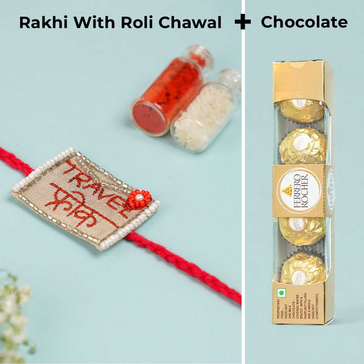 Handmade Beaded Travel Freak Rakhi With Roli Chawal For Brother - Rakhi with Roli Chawal and chocolates