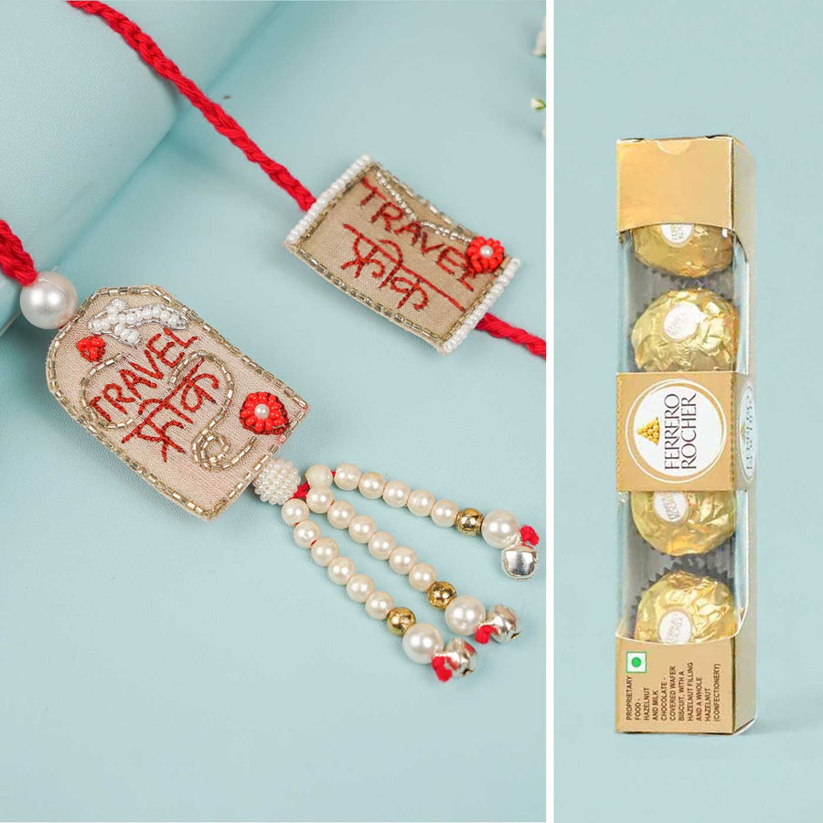 Handmade Beaded Travel Freak Bhaiya Bhabhi Rakhi With Roli Chawal - Full Set Arrangement