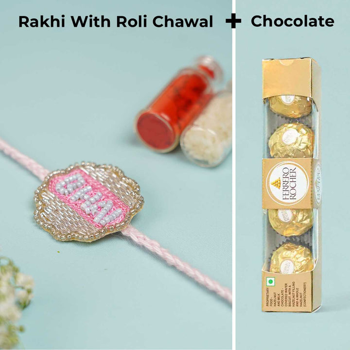 Customized Handmade Beaded Bhai Rakhi With Roli Chawal For Brother - Rakhi with Roli Chawal and Chocolate (3)