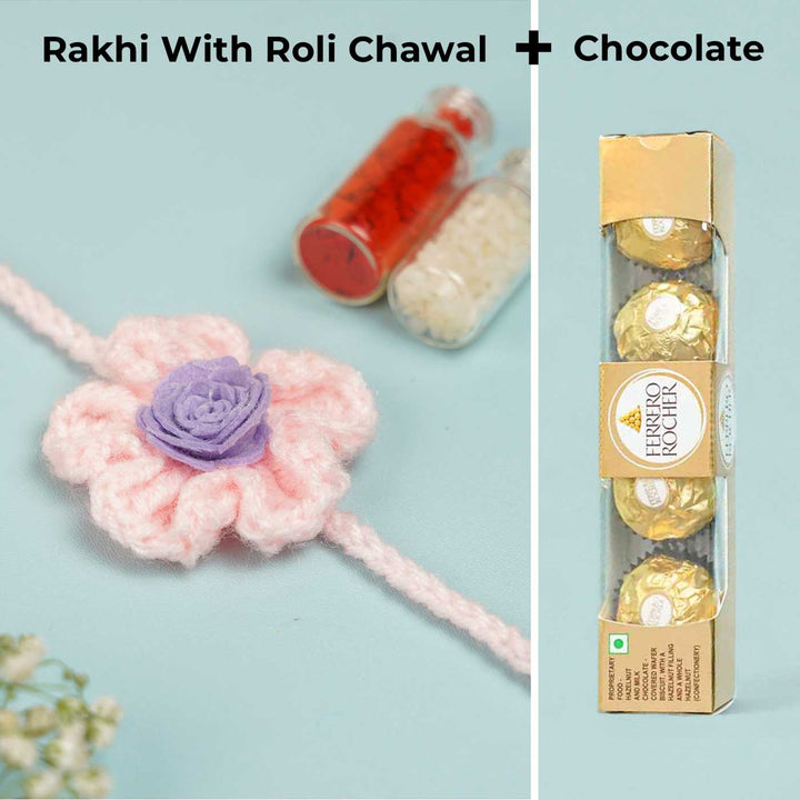 Handmade Crochet Blush Bloom Rakhi With Roli Chawal - Pink Purple Flower Rakhi with Chocolate Set