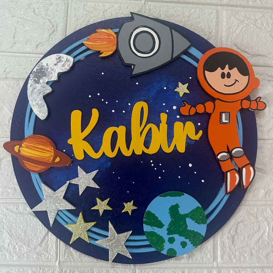 12 Inch Personalized Hand Painted Astronaut Adventure Mdf Wood Hanging With 3D Letters - Front View Name Personalization Example