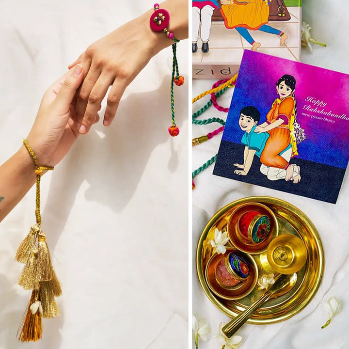 Rakhi & Lumba + Brass Thali Set | Premium Kaju Katli Embroidered Golden Tassels Bhaiya Bhabhi Rakhi Set with Roli Chawal