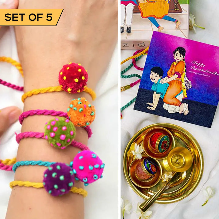 5 pc Rakhi + Brass Thali Set | Premium Mini Laddoo Beaded Pom Pom Rakhi Set with Roli Chawal