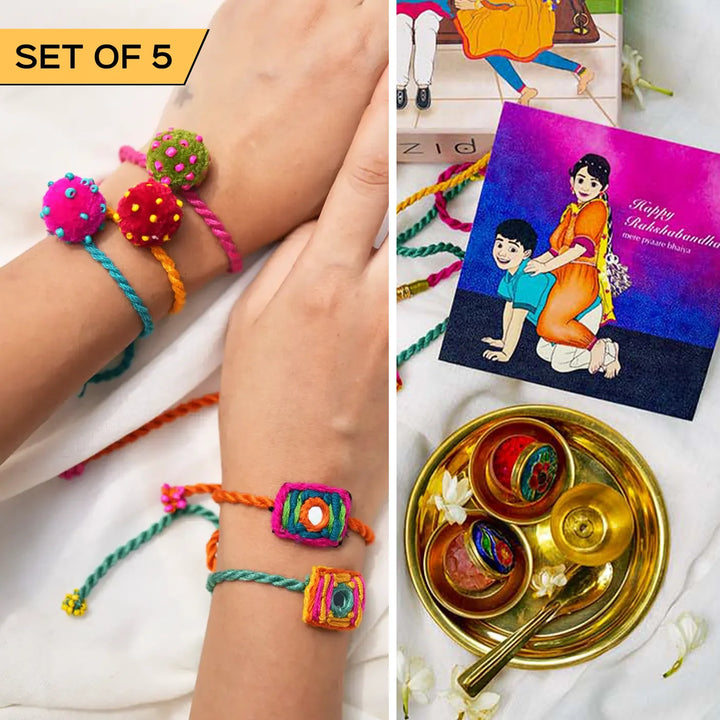 5 pc Rakhi + Brass Thali Set | Premium Aaina & Mini Laddoo Embroidered Rakhi Set with Roli Chawal