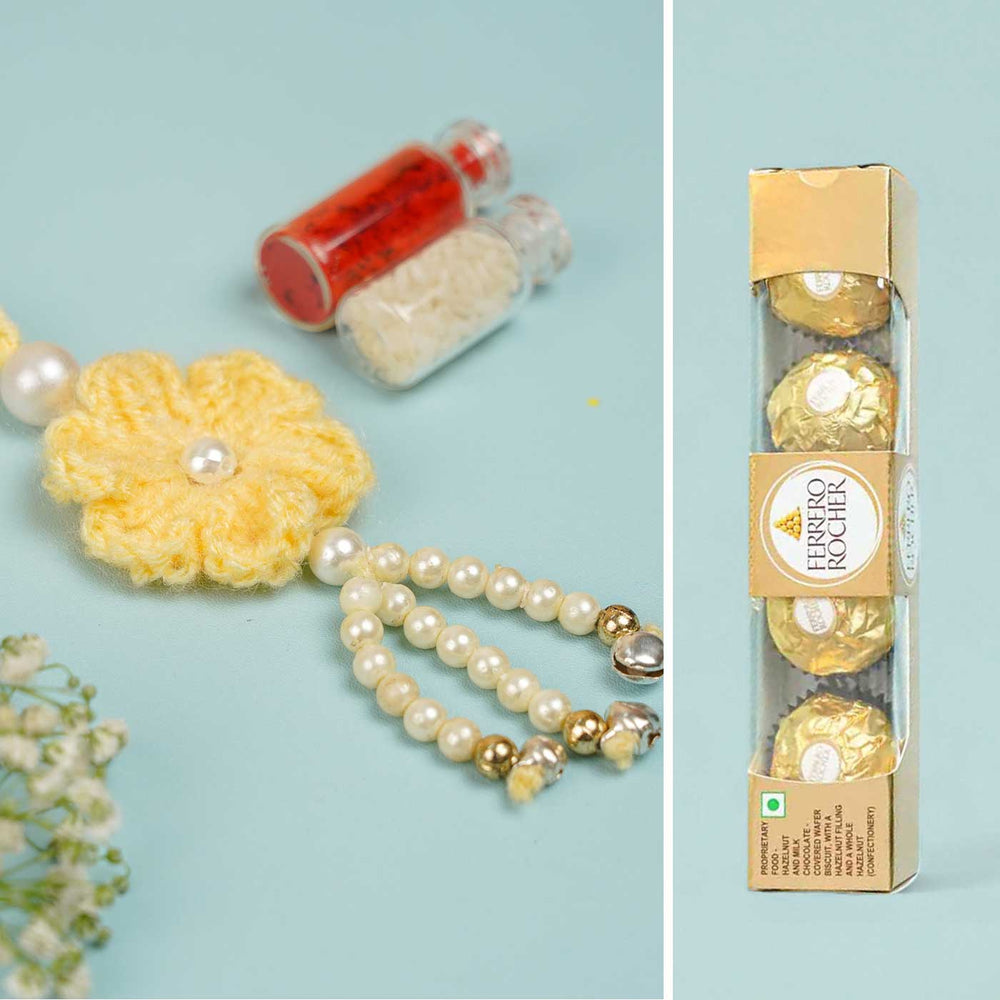 Handmade Crochet Floral Lumba Rakhi For Bhabhi With Roli Chawal - Yellow Flower and Chocolates Set