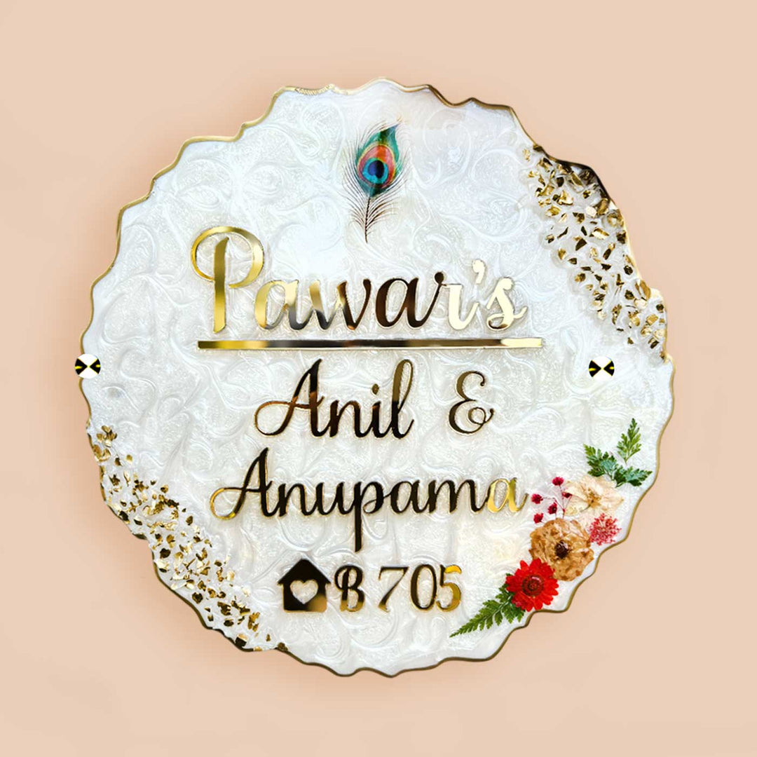 Personalized White Floral Theme Resin And Acrylic Waterproof Name Plate - Front View Name Personalization Example