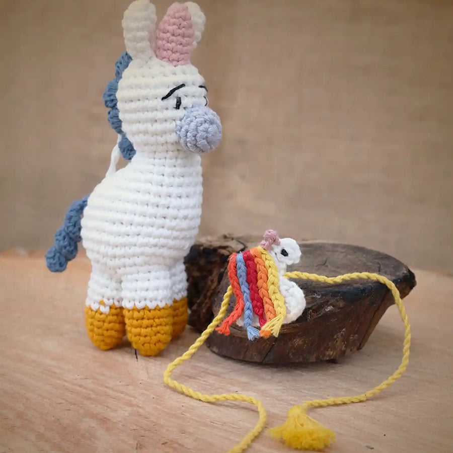 Handmade Crochet Unicorn Theme Kids Rakhi And Toy Combo With Roli Chawal Set Of 2 - Front View with Both Toys