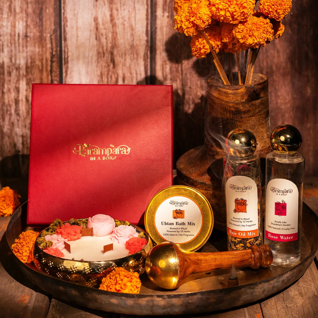 Wellness Diwali Gift Hamper | Includes 1 Ubtan Bath Mix, 1 Hair Oil Herb Mix, 1 Rose Water, 1 Kansa Foot Massager, 1 Urli Diya
