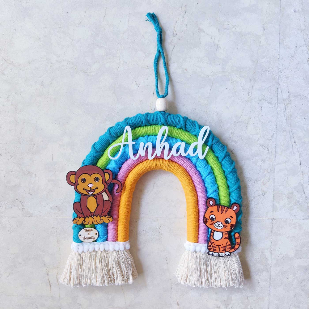Personalized Handmade Macrame Jungle Rainbow Kids Name Plate With 3D Letters - Hanging Front View with Name Personalization