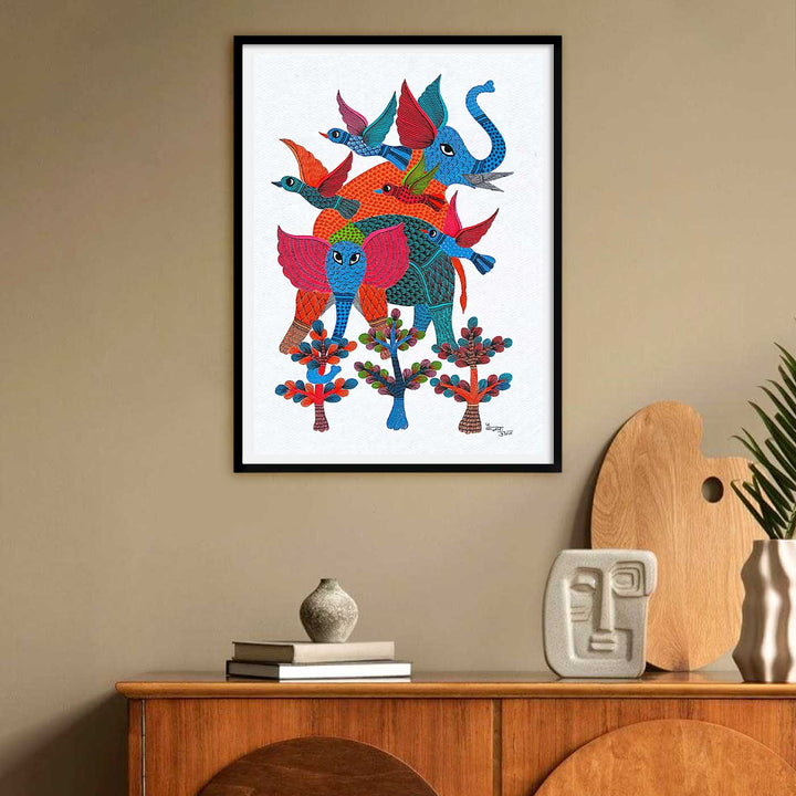 11 x 15 Inch | Colorful Elephant & Birds in Harmony | Original Hand painted Tribal Gond Art Painting | Acrylic Paints On Paper