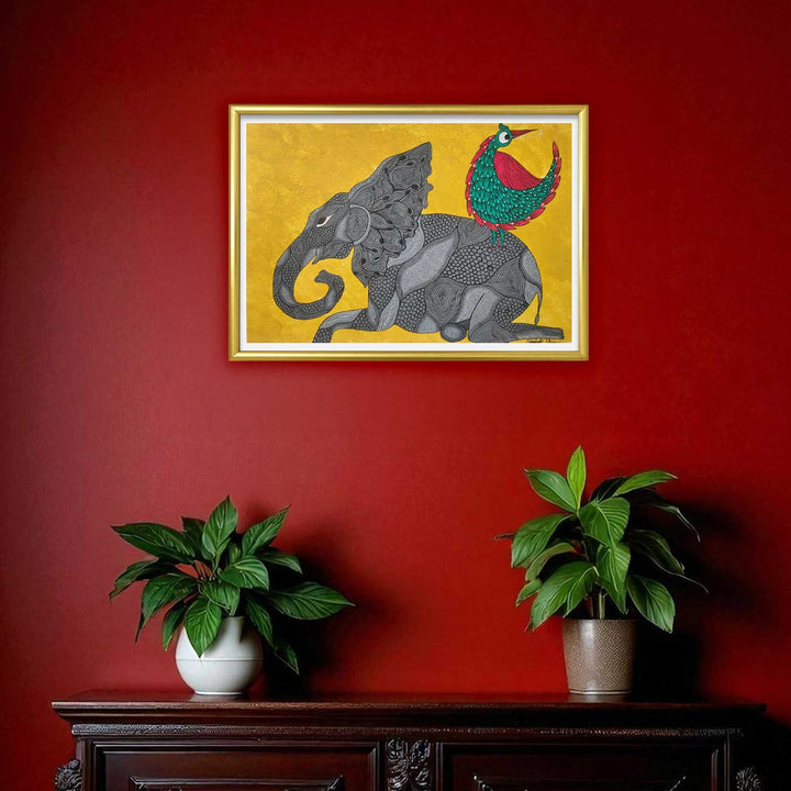 11 x 16 Inch | Wild Companionship Of Elephant & Bird | Original Hand Painted Tribal Gond Art Painting | Acrylic Paints On Paper