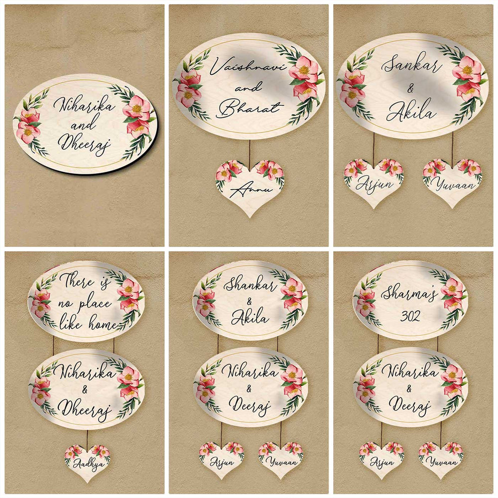 Printed Floral Wooden Oval Nameplate For Couples 1 - Multiple Hanging Sign Variations