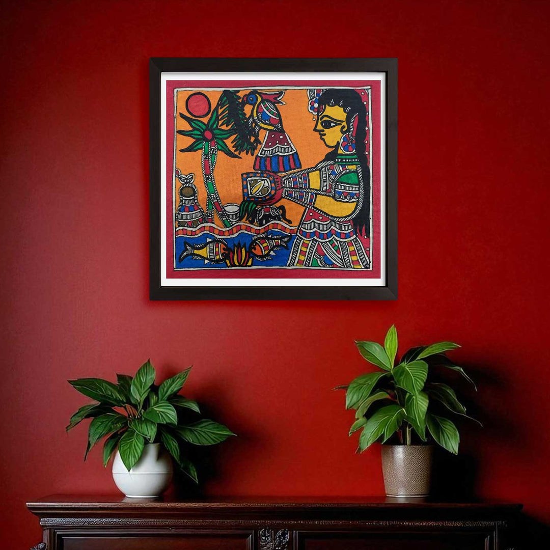 7 x 7 Inch | Life by the Riverbank | Original Hand Painted Madhubani Painting | Natural Pigments On Paper