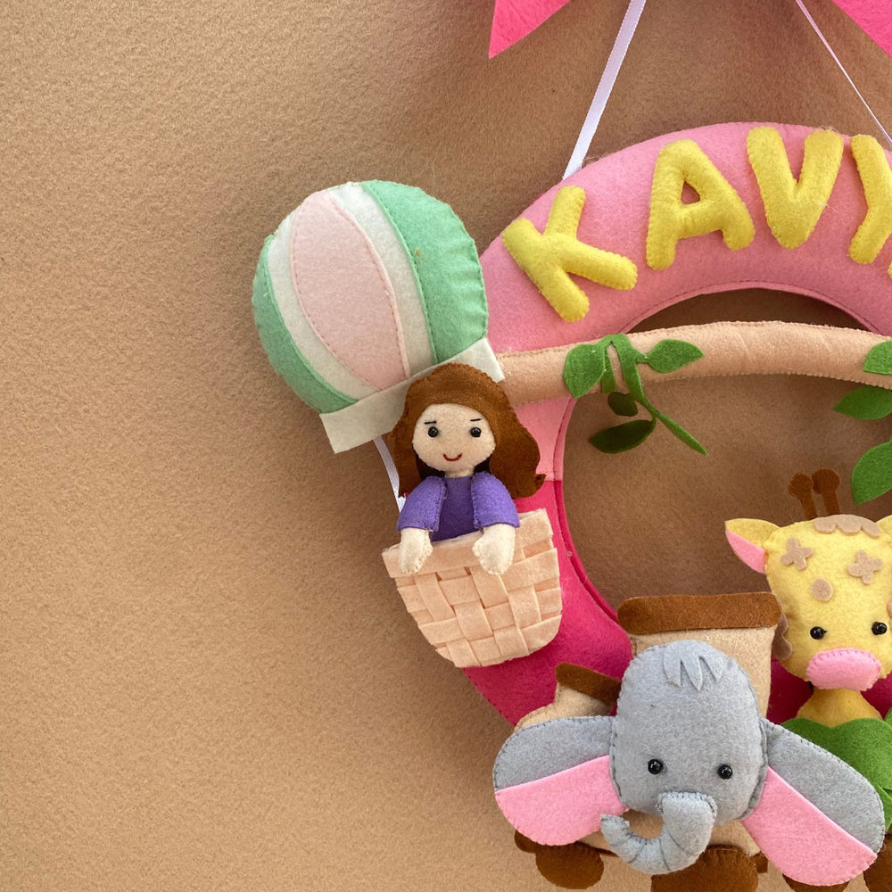 Personalized Kids Jungle Themed Round Felt Nameplate For Girls - Close-up of Hanging Plush Ornament