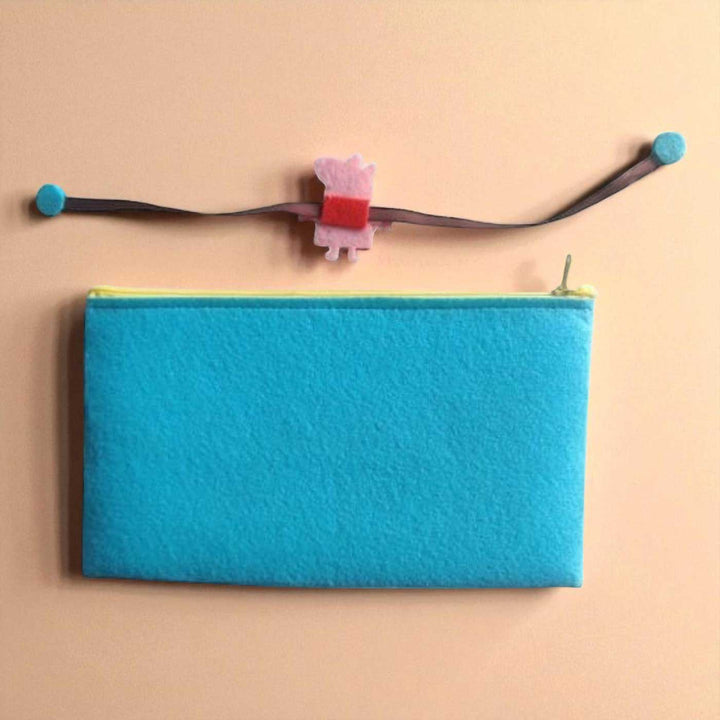 Handmade Peppa Pig Theme Felt Rakhi Hamper Includes 1 Rakhi And 1 Pouch - Back View with Rakhi