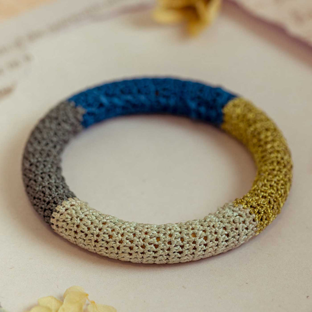 Handmade Crochet Rangat Blue And Gold Colour Block Bangle