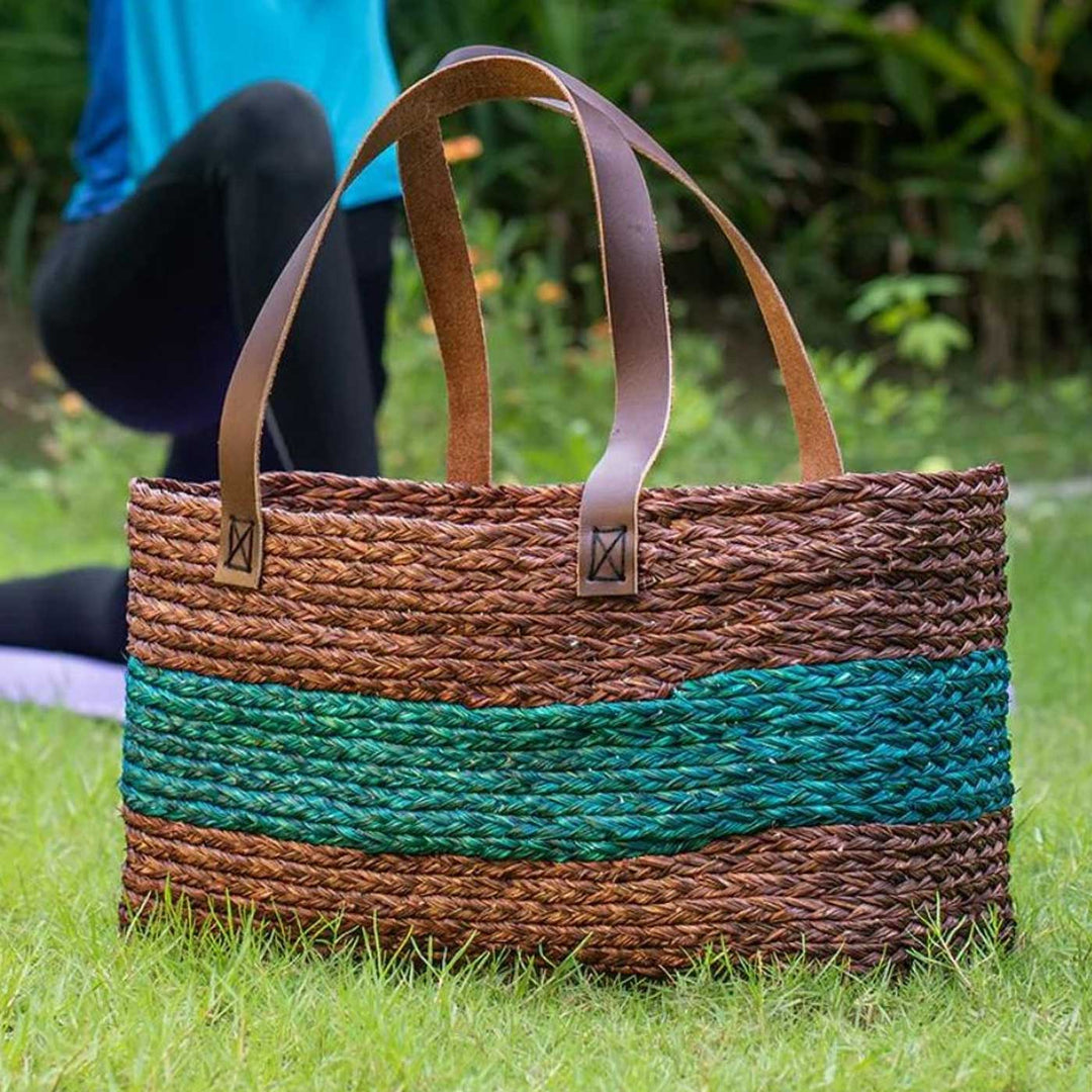 Handmade Grass Woven Single Brown And Indigo Horizontal Stripped Sabai Mesh Handbag