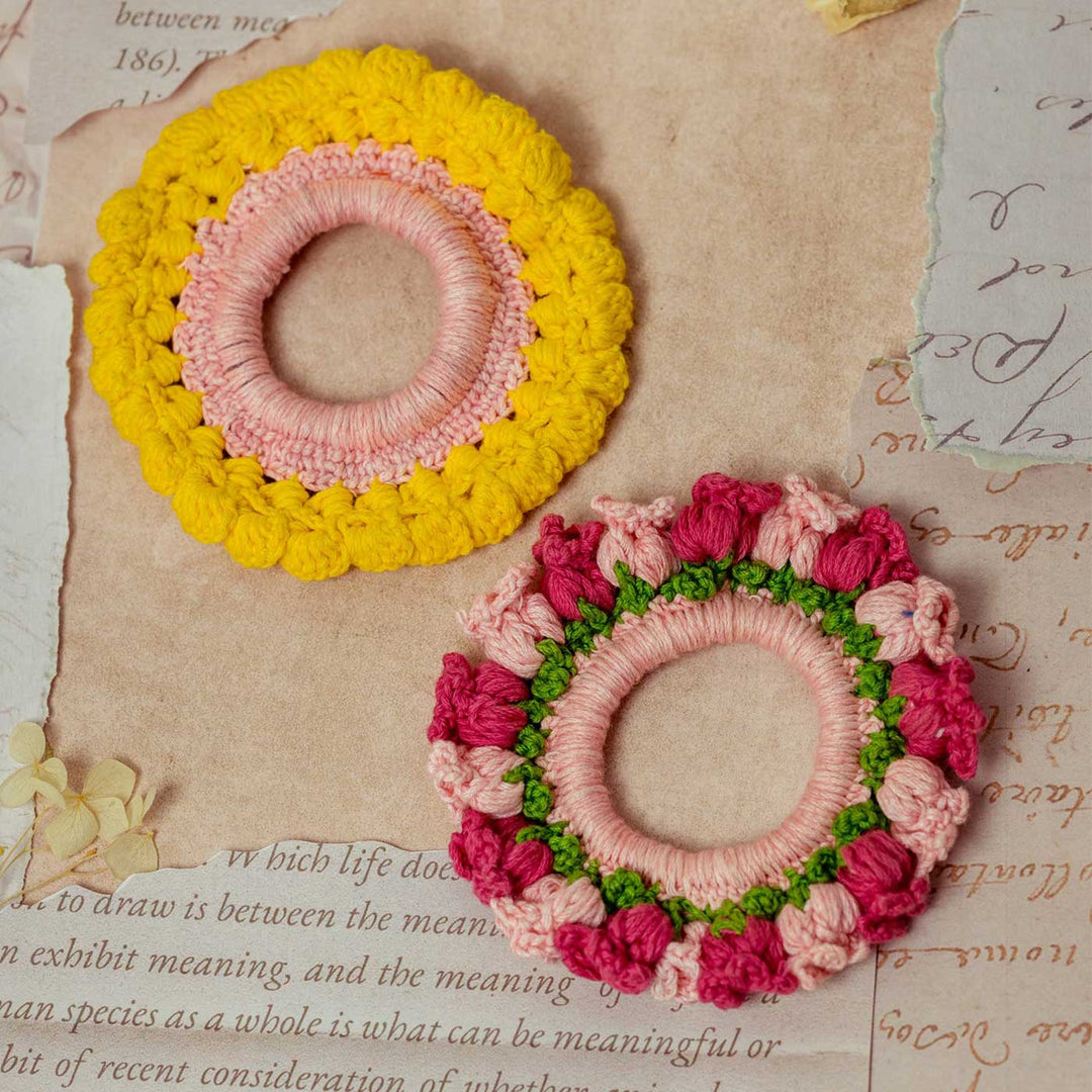 Handmade Crochet Guncha Yellow Pink Foliage Bloom Scrunchie | Set Of 2