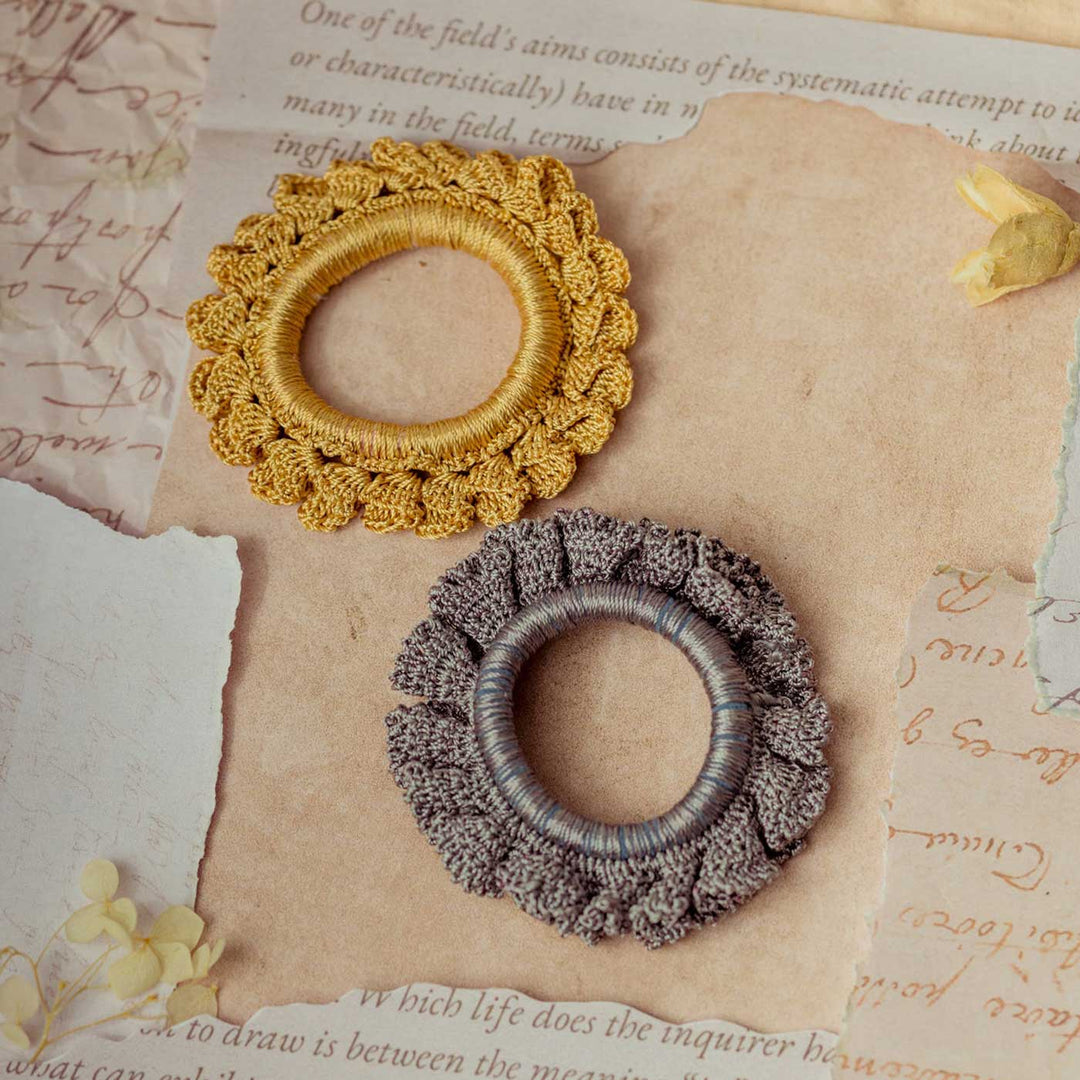 Handmade Crochet Guncha Mustard Grey Bloom Scrunchie | Set Of 2