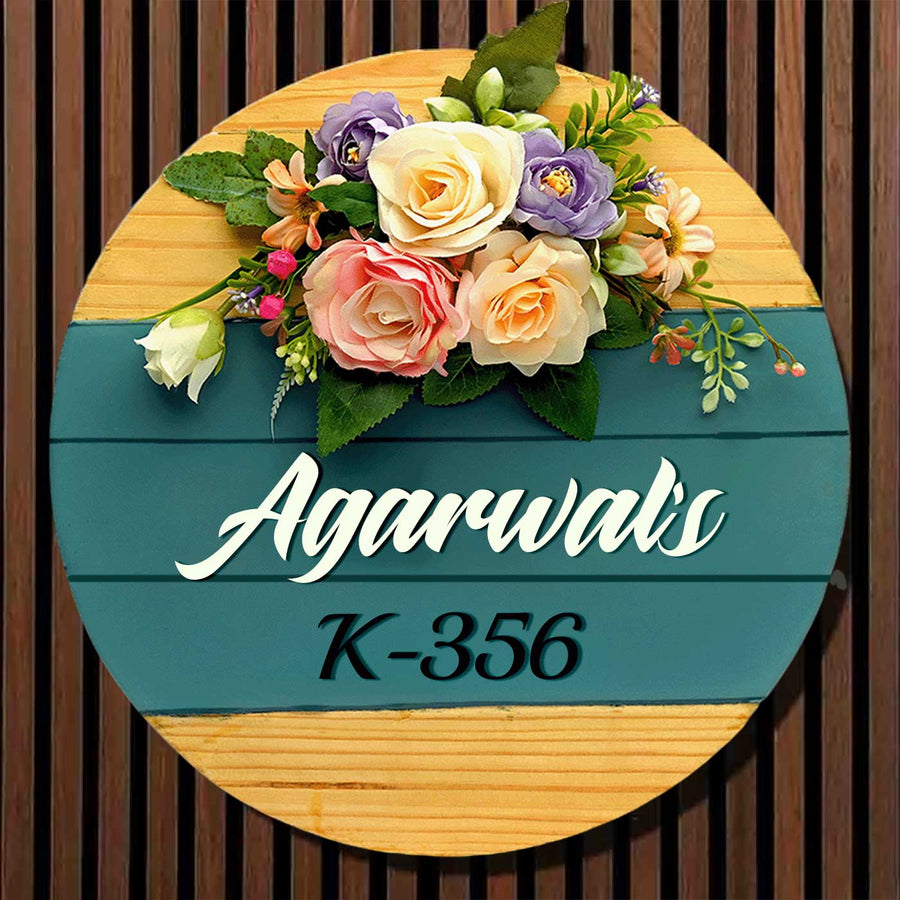 Personalized Handmade Floral Wooden Name Plate With 3D Letters 1 - Front View with Name Personalization