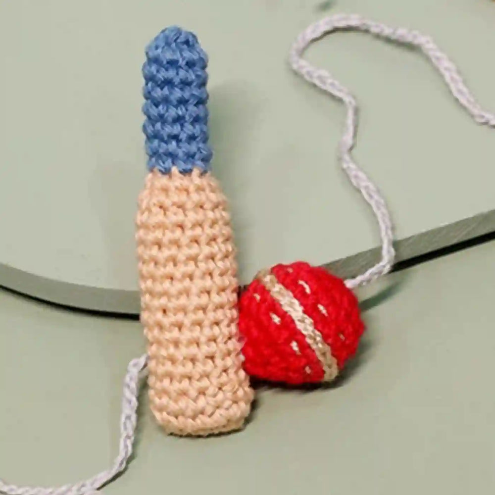 Handmade Crochet Crazy For Cricket Kids Rakhi With Roli Chawal - Close-up of Main Toy Items