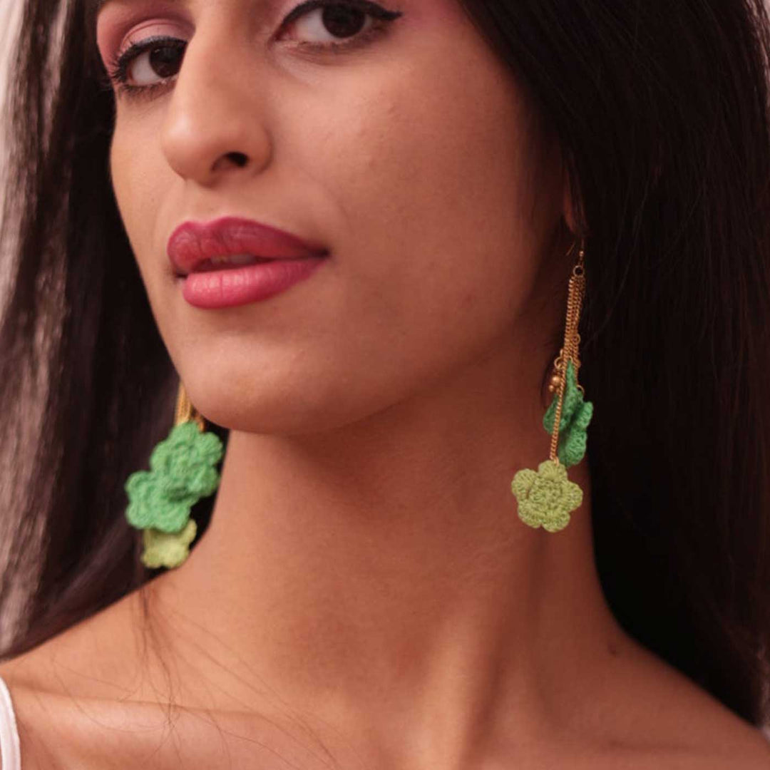Handmade Crochet Green Poppies Viscose Thread Swing Earrings
