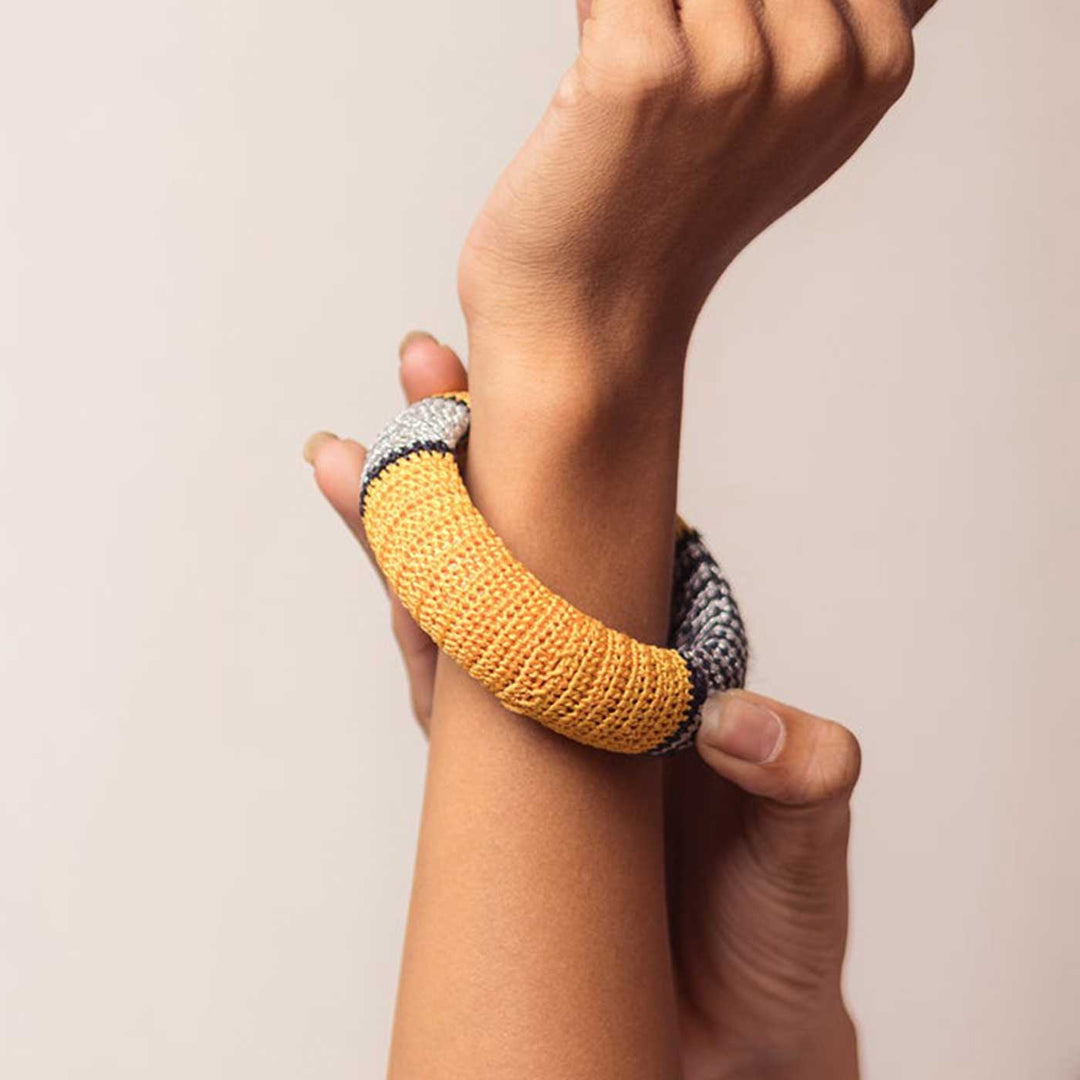 Handmade Crochet Rangat Mustard Silver Chunky Bangle