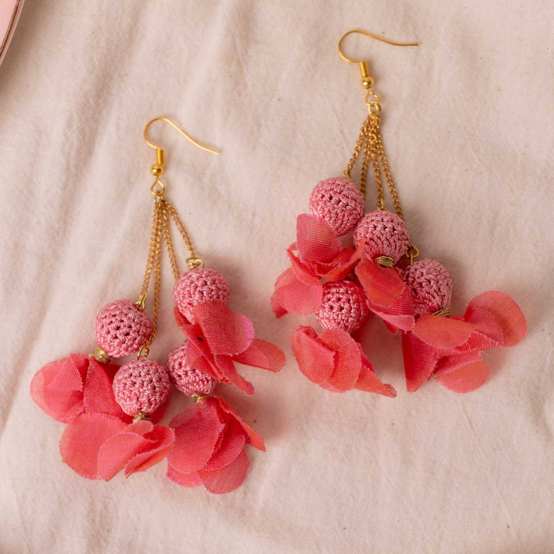 Handmade Crochet Pink Floral Viscose Thread Swing Earrings