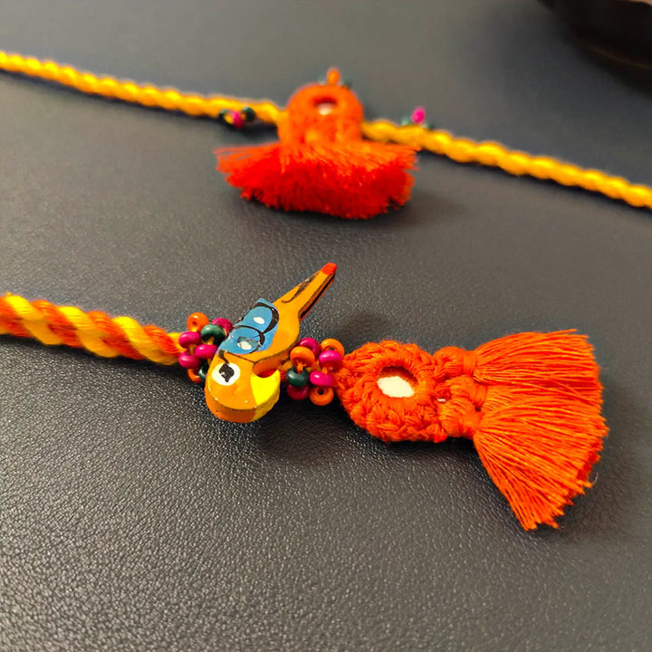Handmade Mirror Work Bird & Tassels Bhaiya Bhabhi Rakhi With Roli Chawal