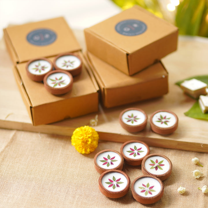 10 Diyas | Mini Handmade Pressed Flower Decorative Terracotta Diya | 5 Boxes, 2 Diyas per Box
