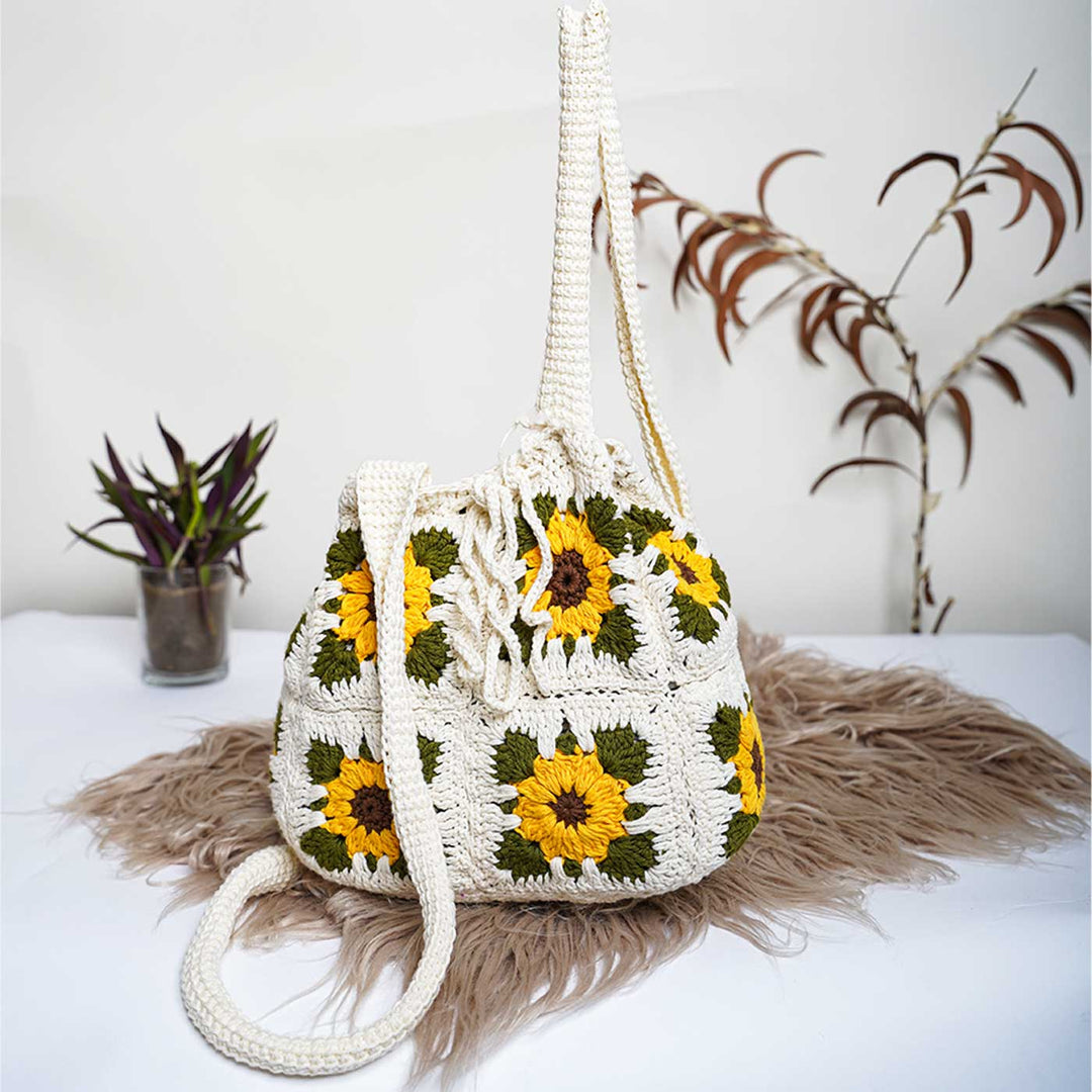 Handmade Crochet Sunflower Design White Cotton Backpack