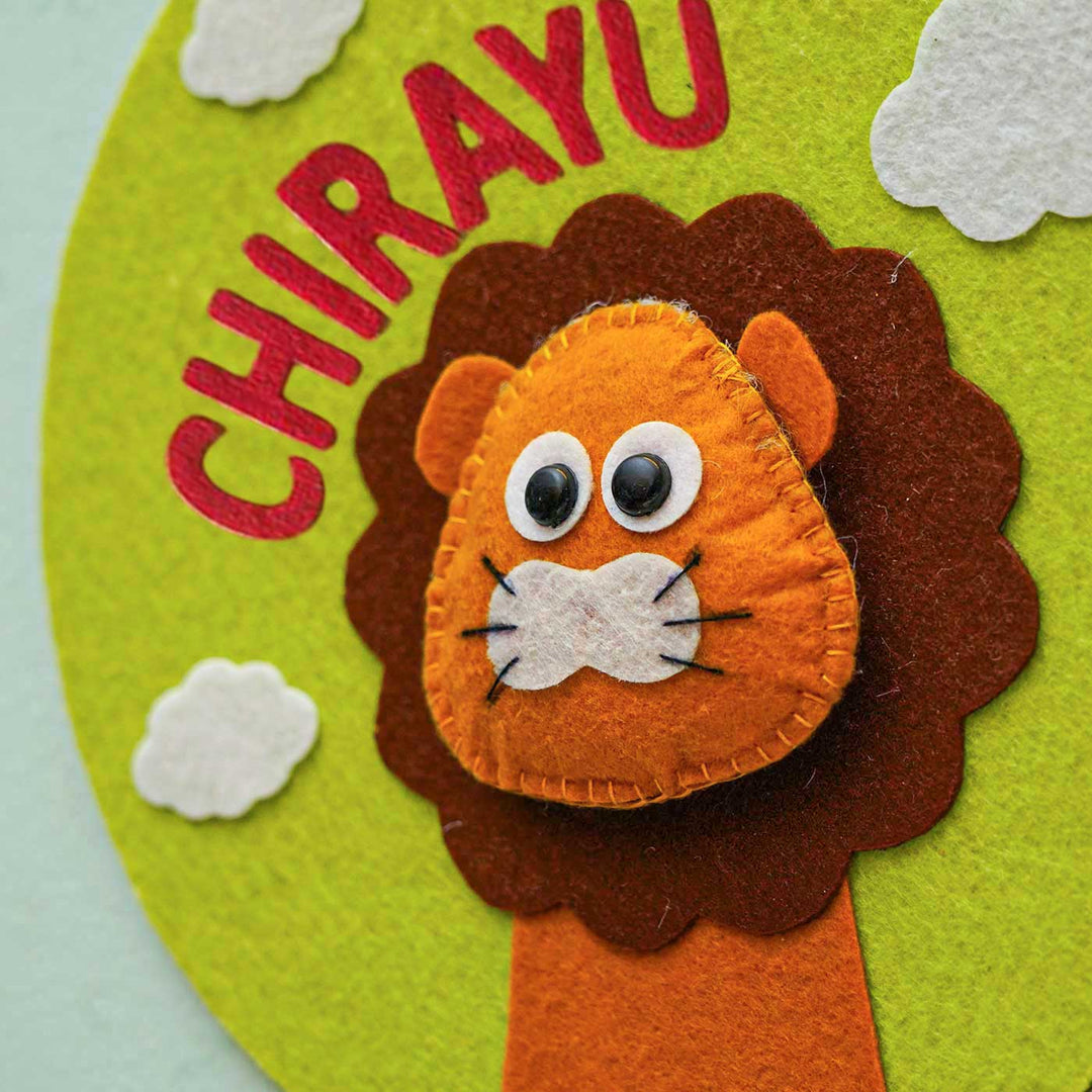 Personalized Handmade Lion Theme Felt Hoop Name Plate - Name Personalization Close-up