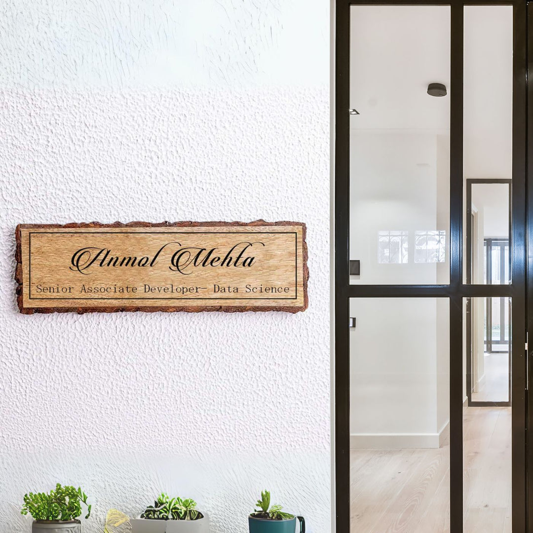 Handcrafted Mango Wood Personalized Name Plate For Data Scientist - Mounted on Textured Wall Close-up