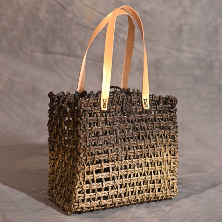 Handmade Grass Woven Rectangular Mesh Leather Strap Black And Gold Sabai Mesh Tote Bag