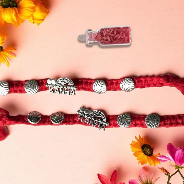 Handmade Kanha Rakhi With Roli Chawal - Laid Flat with Decor