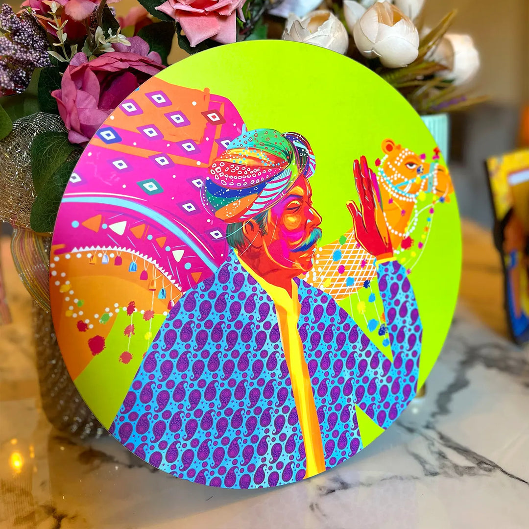 Printed Round Rajasthani Singer Theme MDF Wood Wall Decor