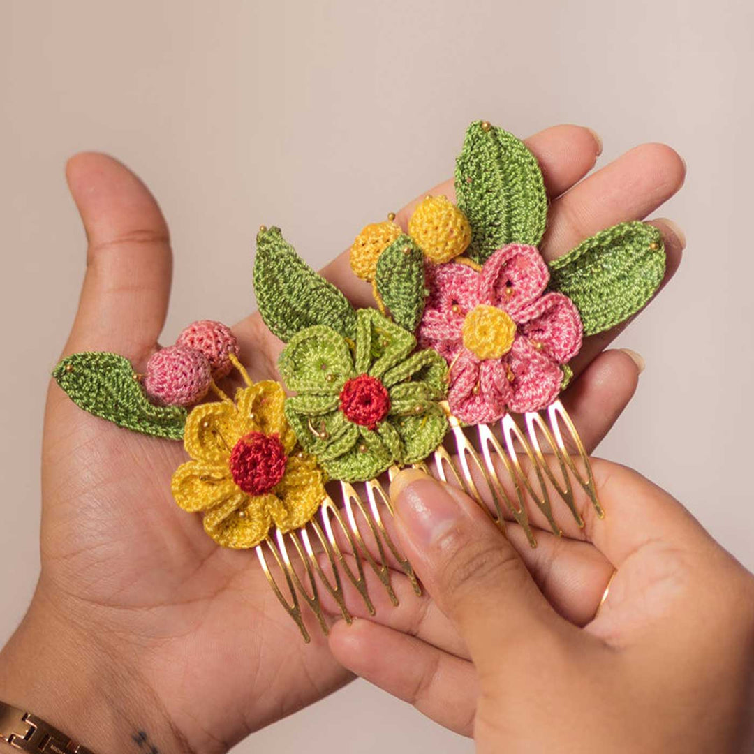 Handmade Crochet Guncha Colored Geraniums Hair Comb Pin