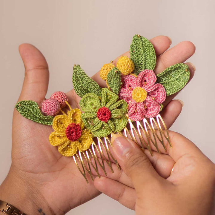 Handmade Crochet Guncha Colored Geraniums Hair Comb Pin