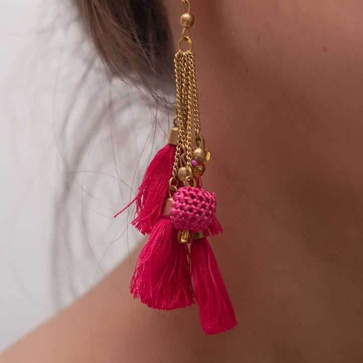Handmade Crochet Fuchsia Tassel Viscose Thread Swing Earrings